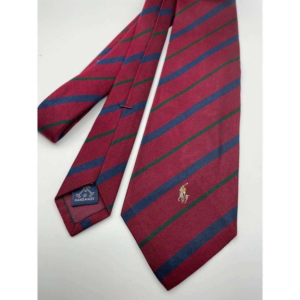 Polo Ralph Lauren Silk Striped Tie Burgundy Navy Green Handmade Pony Logo Mens